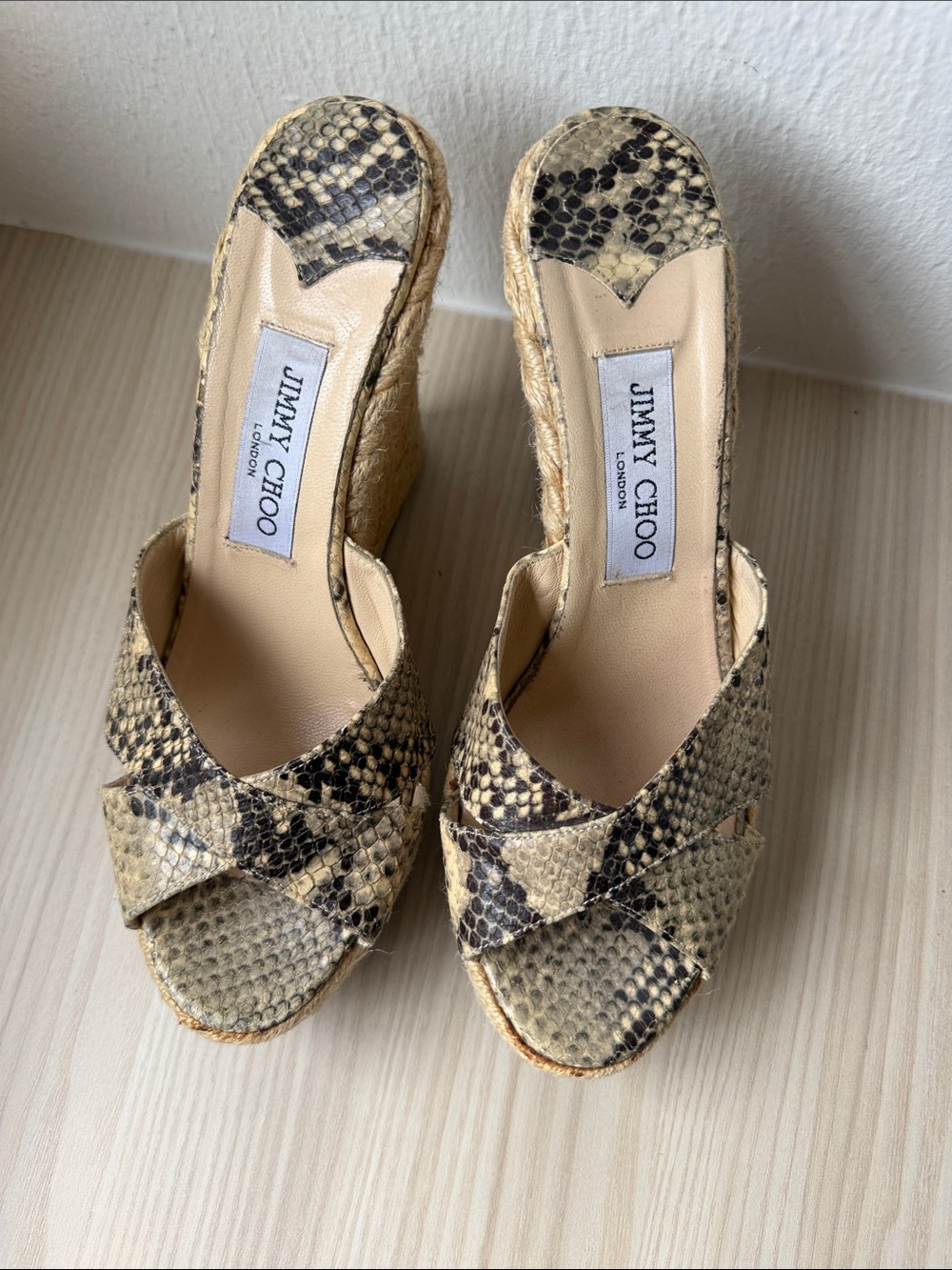 Jimmy Choo Natural Snake-Print Espadrille Wedge Sandals